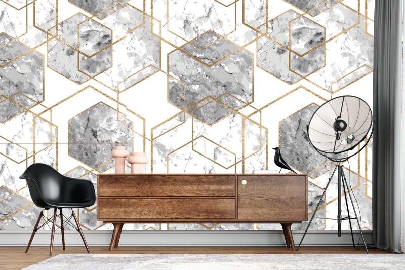 Nimbose® Wallmurals for Bedroom White-Grey Marble Gold Geometric Hexagon Theme Removable Wallpaper PeelStick Wall Stickers, Metallic Gold Hexagon Abstract Texture On White Marble Background(45x500 cm) - Image 3