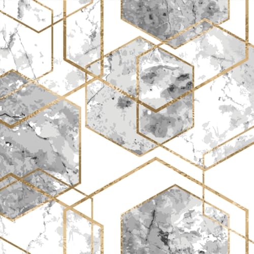 Nimbose® Wallmurals for Bedroom White-Grey Marble Gold Geometric Hexagon Theme Removable Wallpaper PeelStick Wall Stickers, Metallic Gold Hexagon Abstract Texture On White Marble Background(45x500 cm) - Image 1