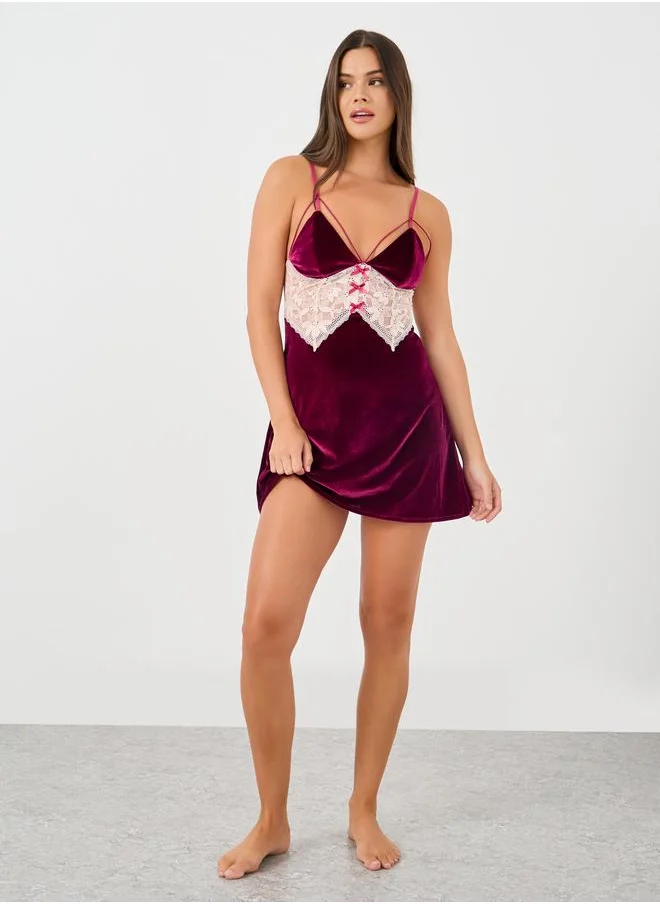 ستايلي Styli Velour Apex Strap Lace Panel Babydoll with Briefs