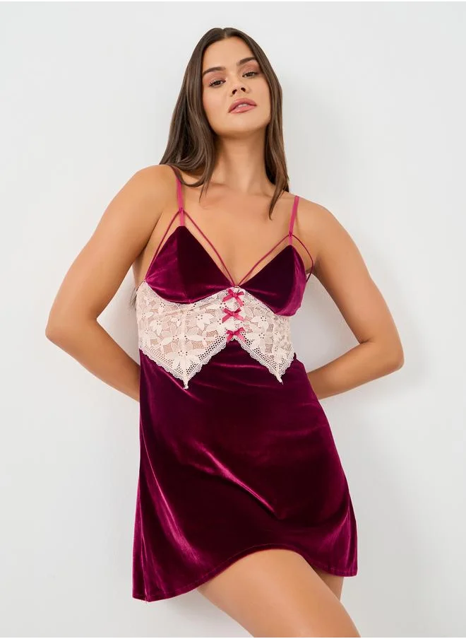 ستايلي Styli Velour Apex Strap Lace Panel Babydoll with Briefs