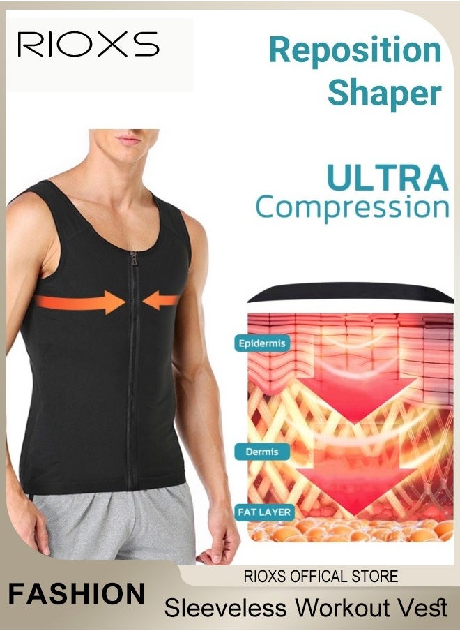RIOXS - Men's Compress Zipper Vest, Belly Slimming Body Shaper Vest, Sleeveless Zipper Undershirt, Tummy Control Tank Top, Shapewear for Stomach Slimming Shirt Workout Suit, Sauna Vest Waist Trainer For Men - Image 1