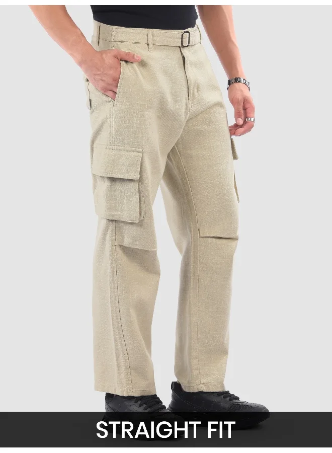 Beyoung Beige Adjustable Waist Cargo Pants