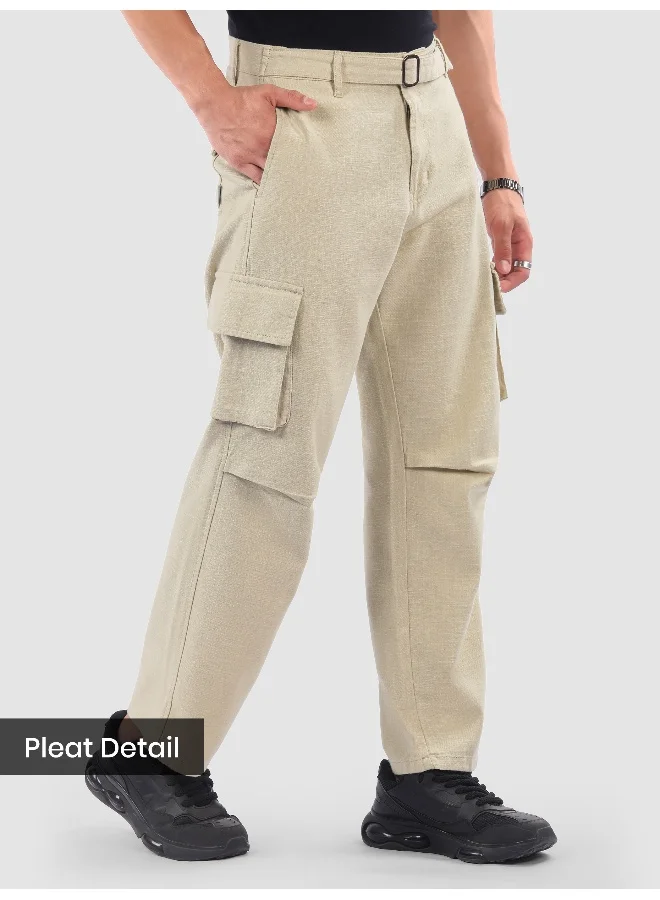 Beyoung Beige Adjustable Waist Cargo Pants