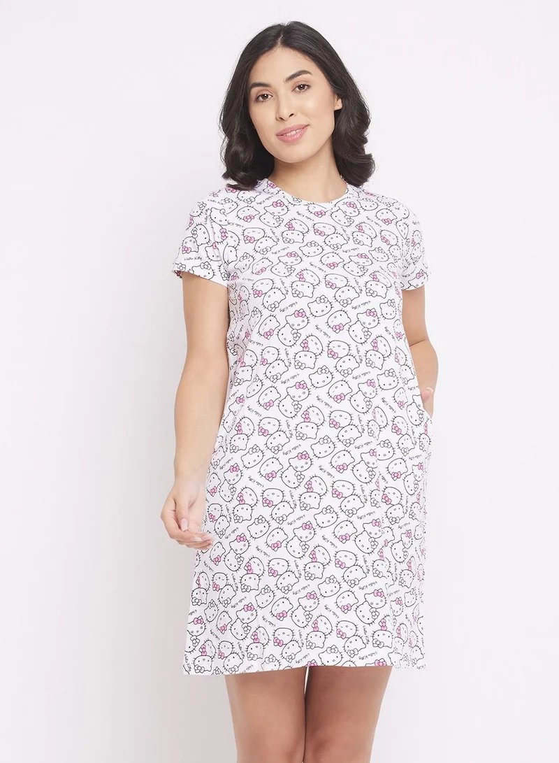 كلوفيا Clovia Hello Kitty Text And Graphic Print Short Night Dress In White - 100% Cotton