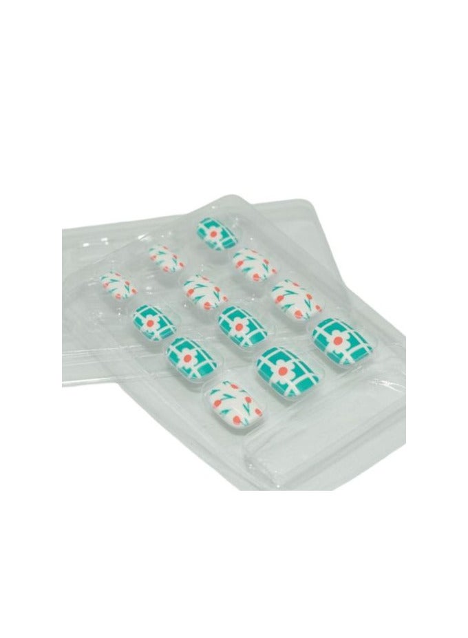 Kids Press On Nails For Girls Full Cover Pre-glued Olive Flowery - Image 2