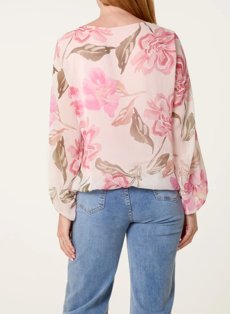 بلو فانيلا Floral Scoop Neck Puffball Top