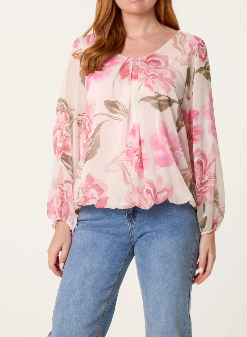 بلو فانيلا Floral Scoop Neck Puffball Top