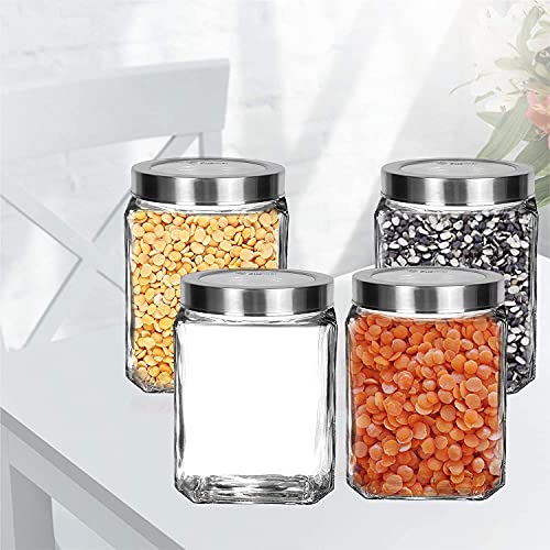 Brezzycloud Piraml Glass Cubical Square 600ml Transparent Glass Jars & Containers for Kitchen Pantry, Honey, Jams, Pickles, Cookies, Dry Fruits, Coffee Beans Storage with Lid (600ml, Set Of 4) - Image 1