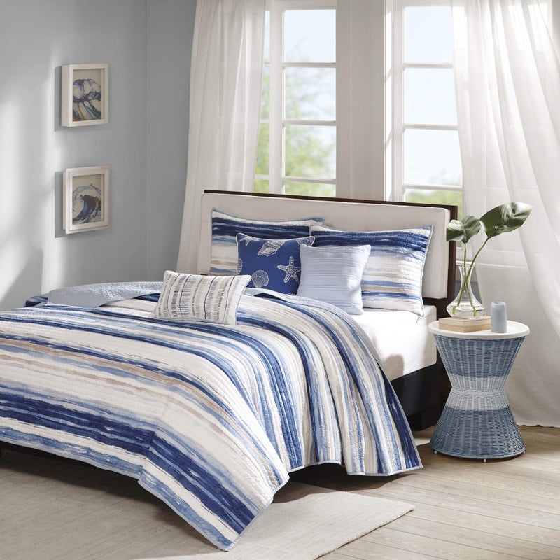 Madison Park Quilt Set Cottage Coastal Design, 6 Piece Set - All Season, Coverlet Bedspread Lightweight Bedding Layer, Shams, Toss Pillows, Full/Queen(90"x90"), Blue/White - Image 1