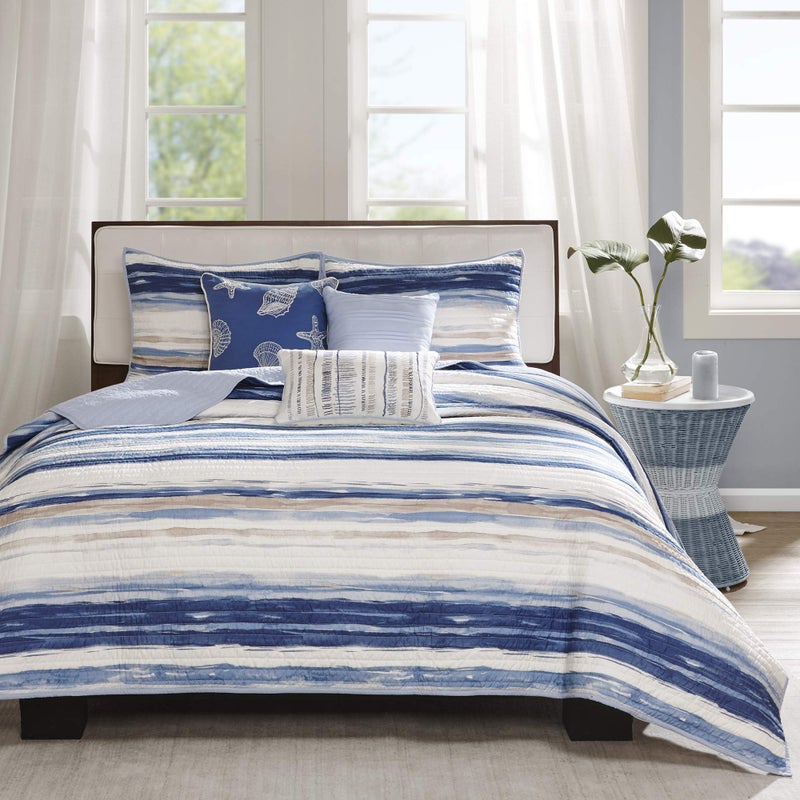 Madison Park Quilt Set Cottage Coastal Design, 6 Piece Set - All Season, Coverlet Bedspread Lightweight Bedding Layer, Shams, Toss Pillows, Full/Queen(90"x90"), Blue/White - Image 2