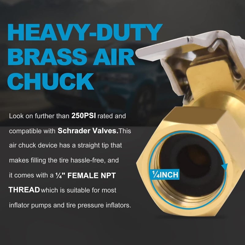 KASTWAVE Air Chuck Pack of 3, Heavy Duty Closed Flow Tire Chuck with 1/4" FNPT, Tire Inflator Gauge Compressor Accessories - Image 5