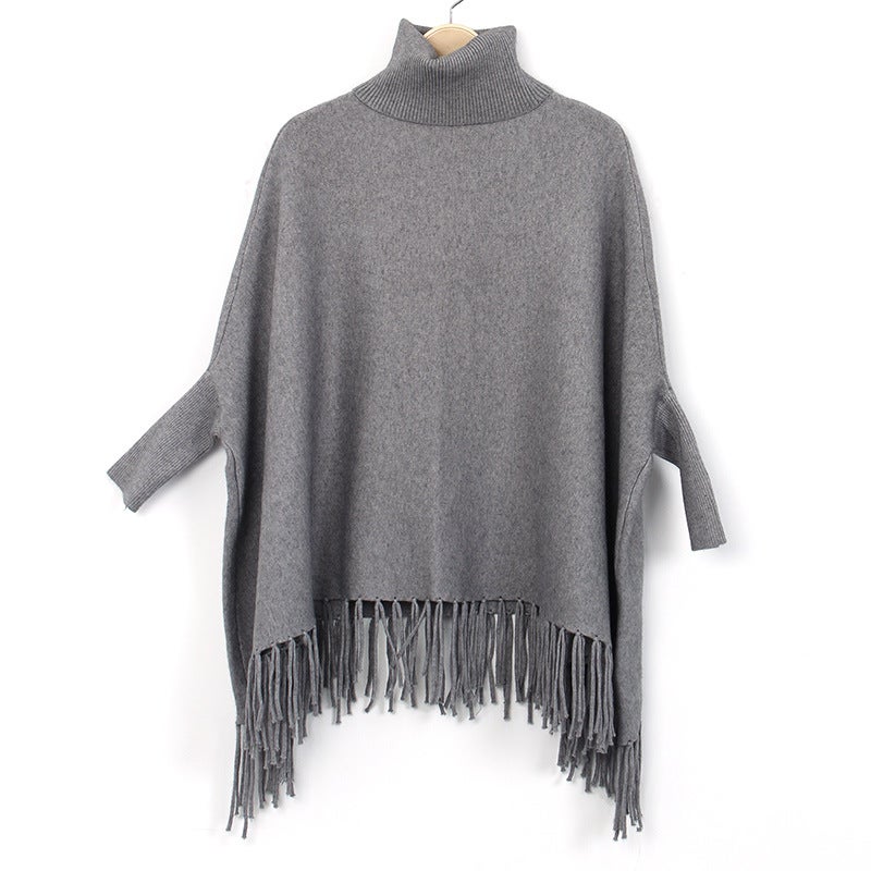 European and American autumn and winter high collar pullover ladies tassel cape monochrome cashmere shawl bat sleeve coat wholesale Grey 