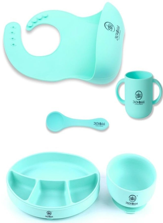 ZoZoBaa Silicone Feeding Set Including Baby Bib,Long Spoon,Open Handle Cup, Suction Base Oval Plate & Bowl for Toddler |Solid Cutlery Set|Easy Wipe Clean|Baby Weaning Sets (5 Pc), [Green] - Image 1