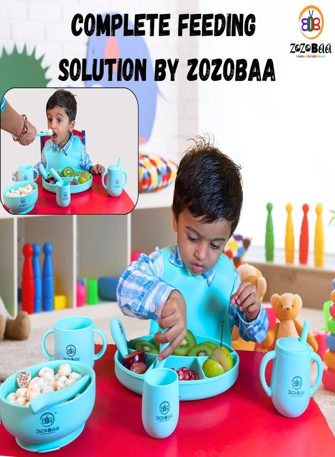 ZoZoBaa Silicone Feeding Set Including Baby Bib,Long Spoon,Open Handle Cup, Suction Base Oval Plate & Bowl for Toddler |Solid Cutlery Set|Easy Wipe Clean|Baby Weaning Sets (5 Pc), [Green] - Image 5