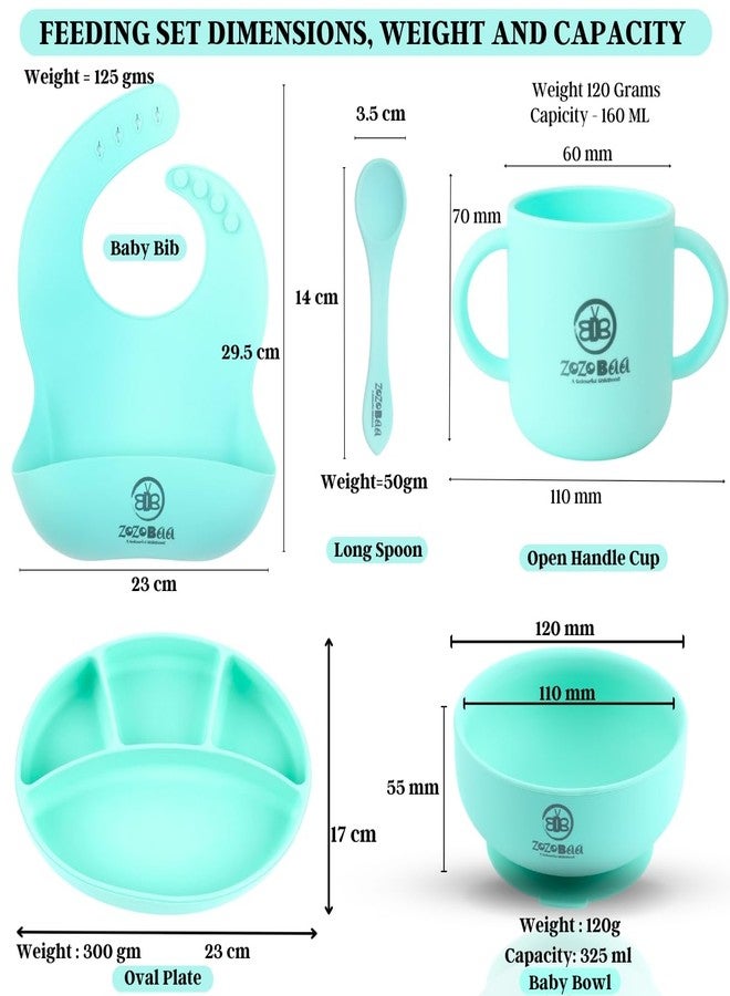 ZoZoBaa Silicone Feeding Set Including Baby Bib,Long Spoon,Open Handle Cup, Suction Base Oval Plate & Bowl for Toddler |Solid Cutlery Set|Easy Wipe Clean|Baby Weaning Sets (5 Pc), [Green] - Image 2
