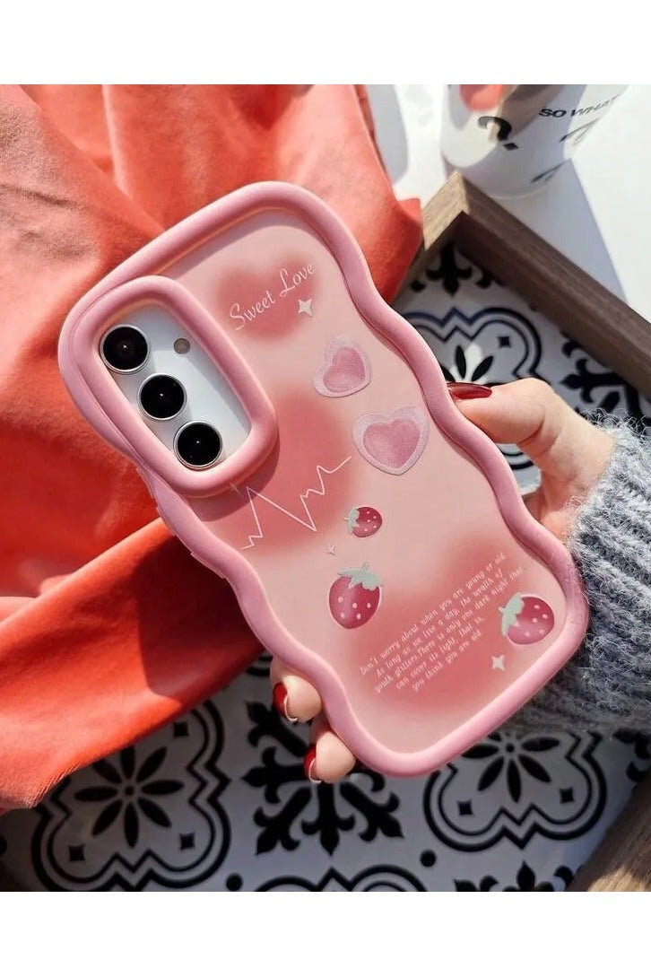 شي إن 1 غطاء هاتف من اللون الأحمر المطفأ بشكل قلب على شكل فراولة بألوان مائلة للوردي، لطيف وكارتوني متوافق مع سامسونج اس ٢٤
