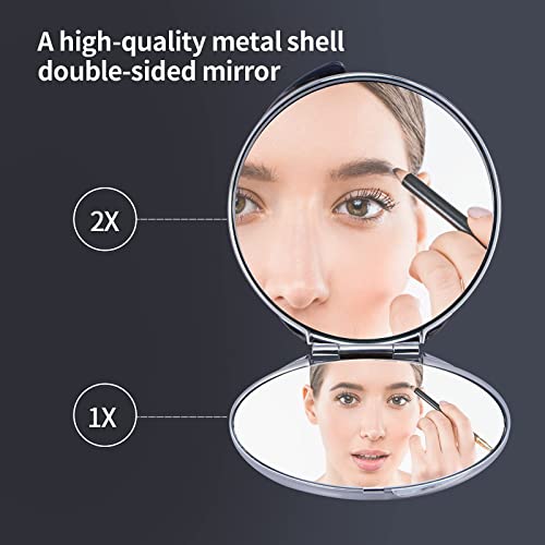 Goshentech Retro Metal Travel Portable Mirror Compact Mirror Make up Mirror 1x/2x Magnification Compact &Portable Foldable (Silver) - Image 3