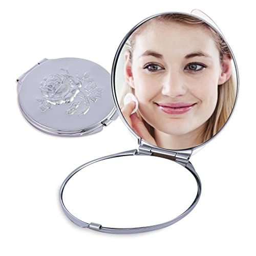 Goshentech Retro Metal Travel Portable Mirror Compact Mirror Make up Mirror 1x/2x Magnification Compact &Portable Foldable (Silver) - Image 2