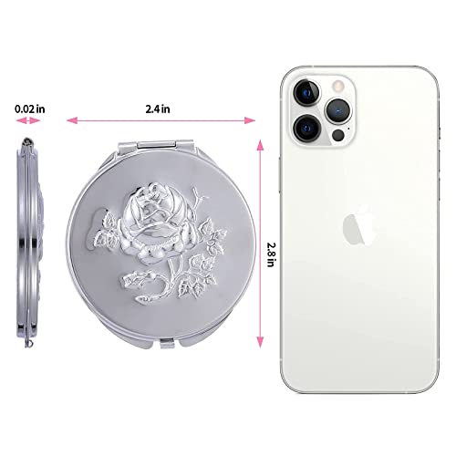 Goshentech Retro Metal Travel Portable Mirror Compact Mirror Make up Mirror 1x/2x Magnification Compact &Portable Foldable (Silver) - Image 5