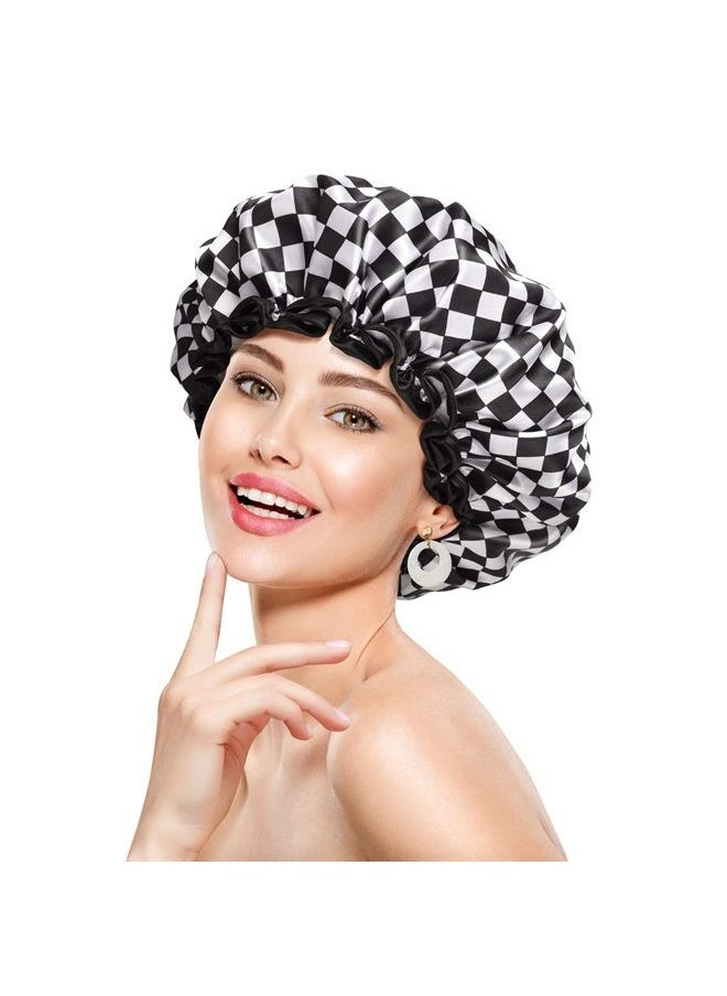 mikimini Shower Cap for Women, Reusable, Double Layers Waterproof Large Bathing Shower Hat with Soft Comfortable PEVA Lining, non-fading, Stretchy & Shower Cap for Long Hair X-Large Pack of 1 Checkerb  - Image 1