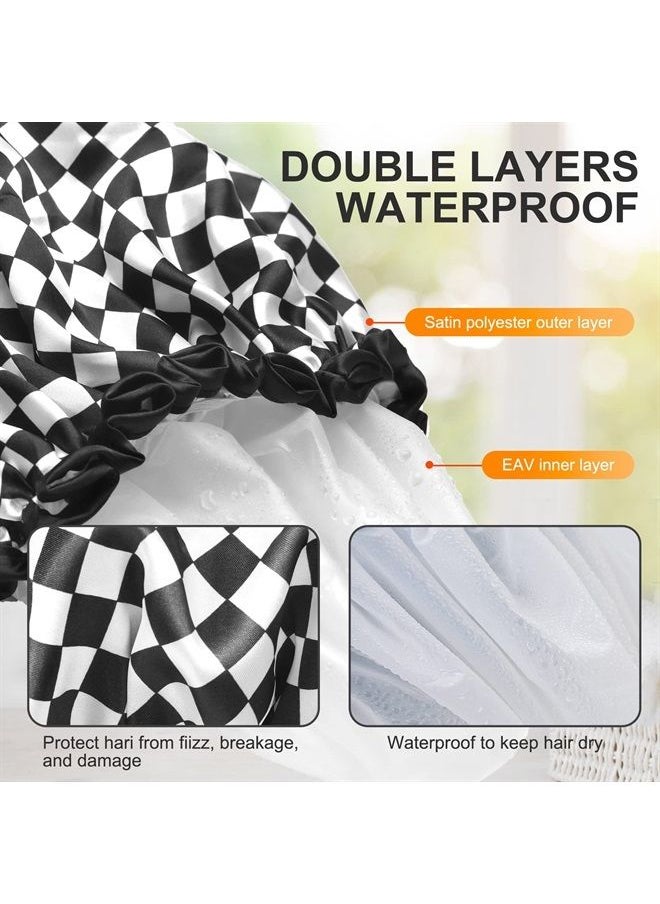 mikimini Shower Cap for Women, Reusable, Double Layers Waterproof Large Bathing Shower Hat with Soft Comfortable PEVA Lining, non-fading, Stretchy & Shower Cap for Long Hair X-Large Pack of 1 Checkerb  - Image 5