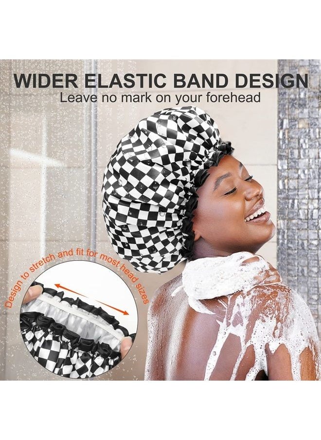 mikimini - Shower Cap for Women, Reusable, Double Layers Waterproof Large Bathing Shower Hat with Soft Comfortable PEVA Lining, non-fading, Stretchy & Shower Cap for Long Hair X-Large Pack of 1 Checkerb - Image 1