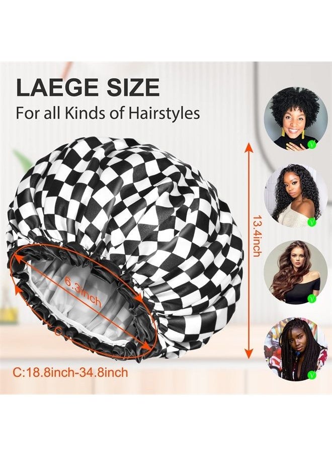 mikimini Shower Cap for Women, Reusable, Double Layers Waterproof Large Bathing Shower Hat with Soft Comfortable PEVA Lining, non-fading, Stretchy & Shower Cap for Long Hair X-Large Pack of 1 Checkerb  - Image 3