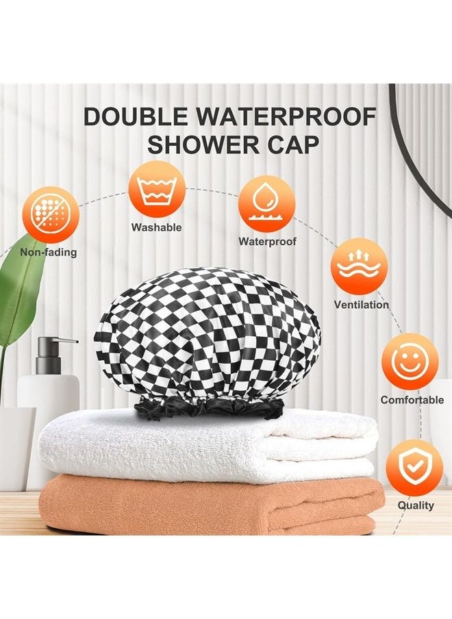 mikimini - Shower Cap for Women, Reusable, Double Layers Waterproof Large Bathing Shower Hat with Soft Comfortable PEVA Lining, non-fading, Stretchy & Shower Cap for Long Hair X-Large Pack of 1 Checkerb - Image 1