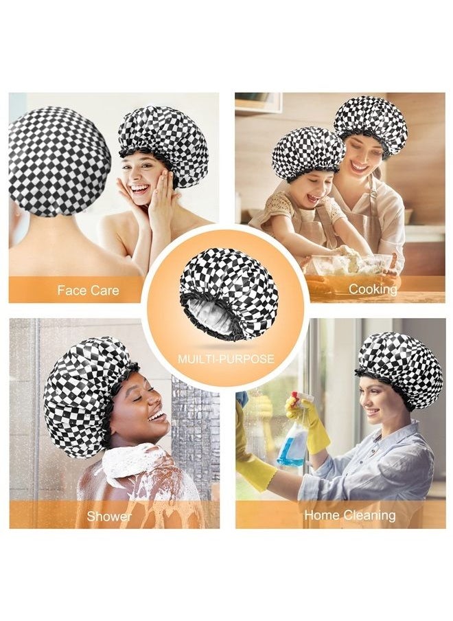 mikimini Shower Cap for Women, Reusable, Double Layers Waterproof Large Bathing Shower Hat with Soft Comfortable PEVA Lining, non-fading, Stretchy & Shower Cap for Long Hair X-Large Pack of 1 Checkerb  - Image 2