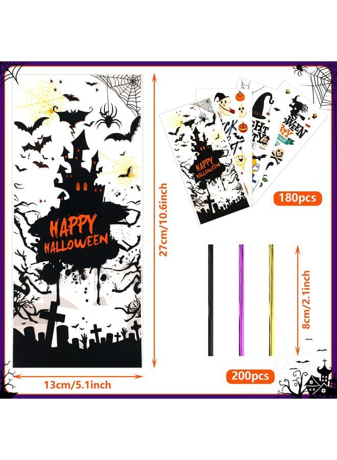 JULBEAR 180Pcs Halloween Cellophane Bags Clear Party Treat Candy Bags with 200Pcs Twist Ties for Kids Halloween Party Favor Supplies (6 Styles) - Image 2