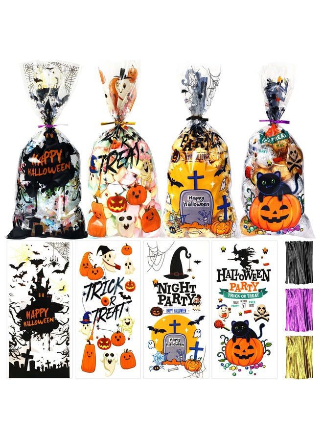 JULBEAR 180Pcs Halloween Cellophane Bags Clear Party Treat Candy Bags with 200Pcs Twist Ties for Kids Halloween Party Favor Supplies (6 Styles) - Image 1