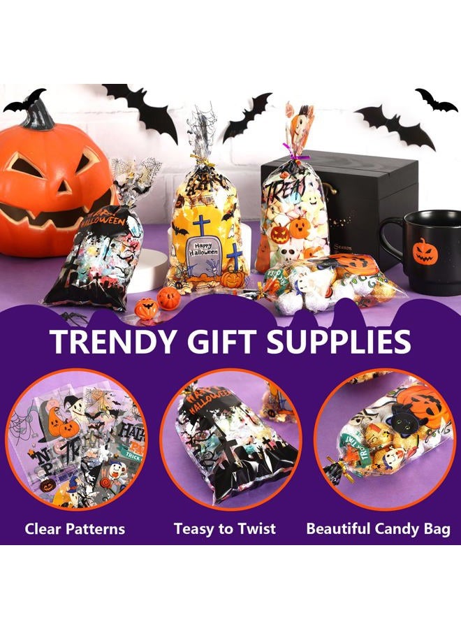JULBEAR 180Pcs Halloween Cellophane Bags Clear Party Treat Candy Bags with 200Pcs Twist Ties for Kids Halloween Party Favor Supplies (6 Styles) - Image 3