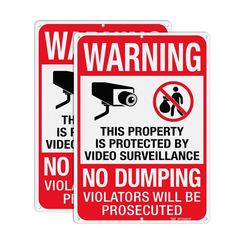تي آر لافتة كبيرة "ممنوع الإلقاء" من T&R، لافتة "ممتلكات محمية بكاميرات مراقبة"، مقاس 14 × 10 بوصة، مصنوعة من الألومنيوم العاكس المقاوم للصدأ بسماكة 0.040 بوصة، مقاومة للعوامل الجوية، مقاومة للماء، مقاومة للبهتان، مزودة بـ 6 ثقوب مثقوبة مسبقًا - عبوة من قطعتين - Image 1
