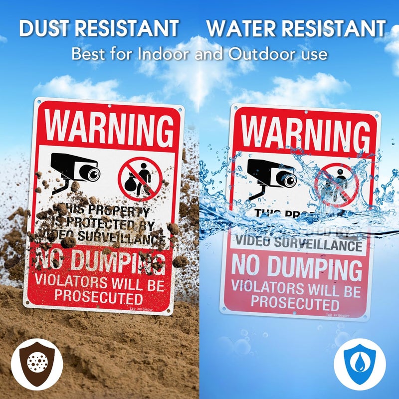 تي آر لافتة كبيرة "ممنوع الإلقاء" من T&R، لافتة "ممتلكات محمية بكاميرات مراقبة"، مقاس 14 × 10 بوصة، مصنوعة من الألومنيوم العاكس المقاوم للصدأ بسماكة 0.040 بوصة، مقاومة للعوامل الجوية، مقاومة للماء، مقاومة للبهتان، مزودة بـ 6 ثقوب مثقوبة مسبقًا - عبوة من قطعتين - Image 4