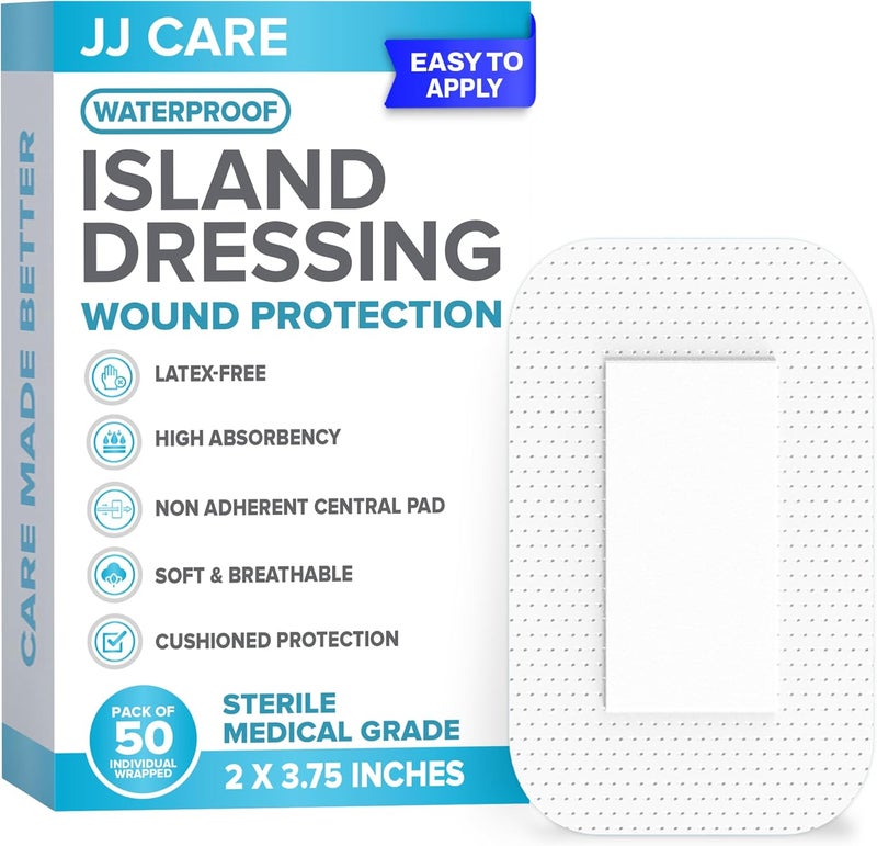 JJ CARE حزمة ضمادات جزيرة لاصقة مقاومة للماء من JJ CARE 50 قطعة 2 × 375 ضمادات شاش معقمة محاطة قابلة للتنفس مغلفة بشكل فردي مع وسادة مركزية غير لاصقة - Image 1