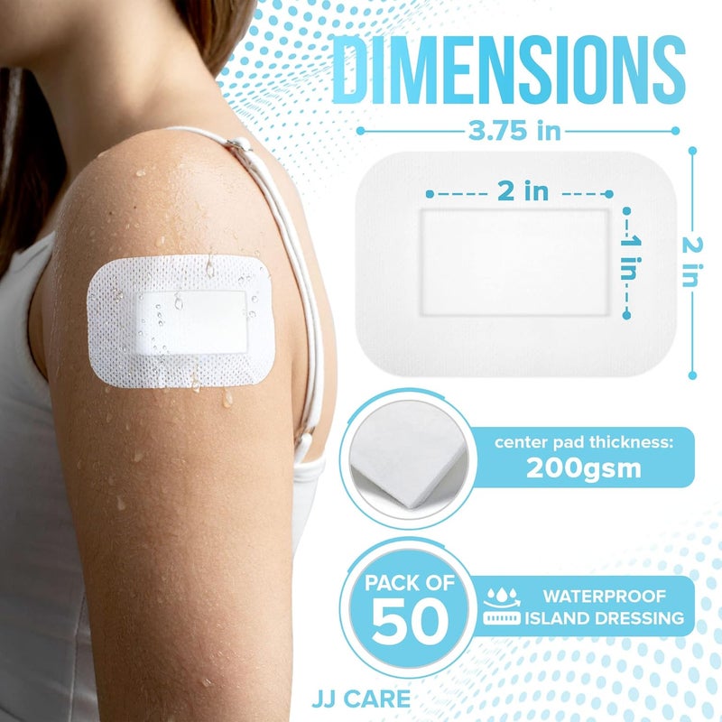 JJ CARE حزمة ضمادات جزيرة لاصقة مقاومة للماء من JJ CARE 50 قطعة 2 × 375 ضمادات شاش معقمة محاطة قابلة للتنفس مغلفة بشكل فردي مع وسادة مركزية غير لاصقة - Image 2