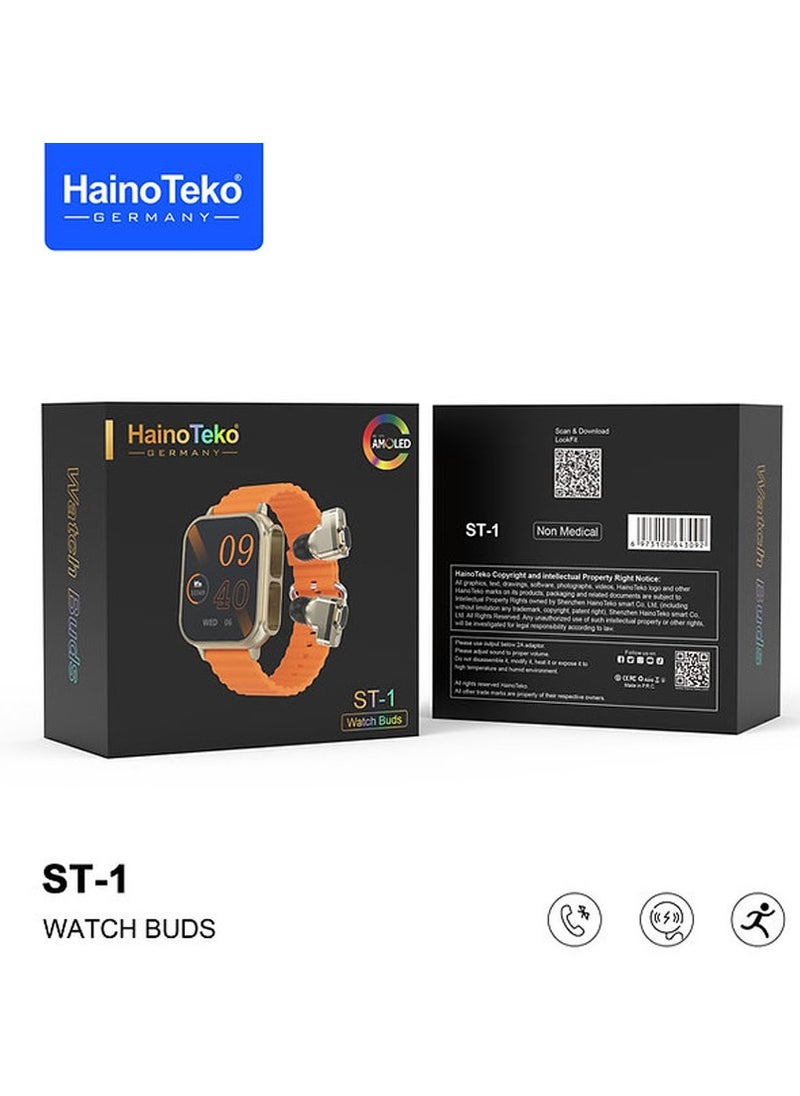 Haino Teko - Haino Teko Germany ST1 WatchBuds With Square Shape AMOLED Display Inside Bluetooth Earbuds Design With 2 Pair Straps Orange - Image 1