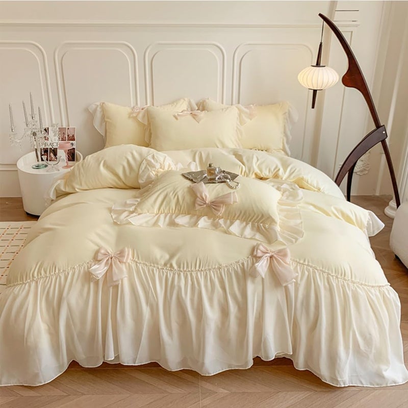 SOUKECHY Chic Lace Bedding Girls Twin Aesthetic Comforter Cover Set Romantic French Princess Style Ruffled Duvet Cover with Lovely Bow with Zipper Closure-Yellow Twin Size - Image 1