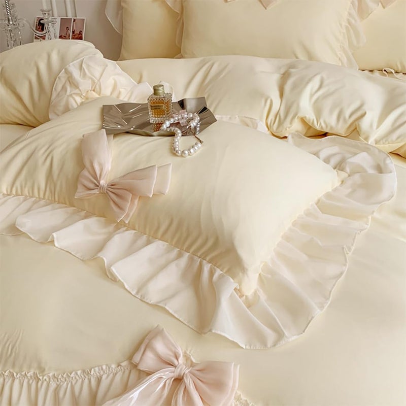 SOUKECHY Chic Lace Bedding Girls Twin Aesthetic Comforter Cover Set Romantic French Princess Style Ruffled Duvet Cover with Lovely Bow with Zipper Closure-Yellow Twin Size - Image 3