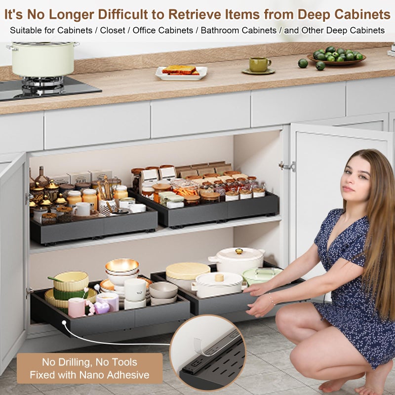 Fokyfok Pull out Cabinet Organizer,Expandable Width(15"-21") and Depth(17"-24") with 3 Rails,Roll out Drawers,No Drill Adjustable Slide out Shelves for Kitchen,Pantry,for Both Lip and Lip-Free Cabinets,Black - Image 4