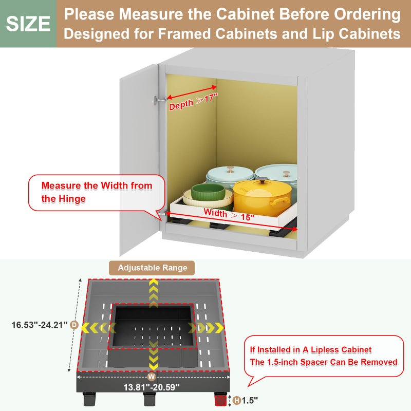 Fokyfok Pull out Cabinet Organizer,Expandable Width(15"-21") and Depth(17"-24") with 3 Rails,Roll out Drawers,No Drill Adjustable Slide out Shelves for Kitchen,Pantry,for Both Lip and Lip-Free Cabinets,Black - Image 2