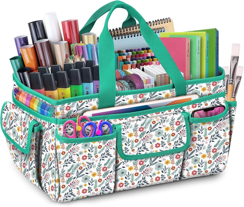 FINPAC Craft Storage Tote Bag with Multiple Pockets, Scrapbooking Carrying Case Storage Caddy with Handle for Sewing, Art, Desktop, Baby Care Supplies (Spring Bloom) - Image 1