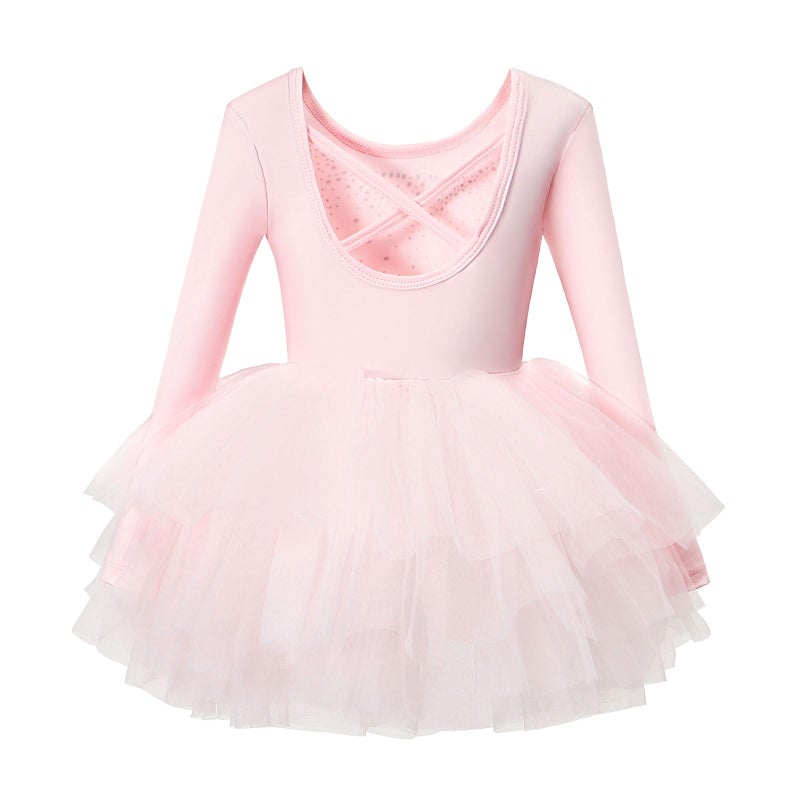 KARETT Toddler Ballet Leotard with Snap Glitter Ballerina Outfit Criss-Cross Long Sleeve Pink Tutu Dress for Girls 1-2 Years - Image 2