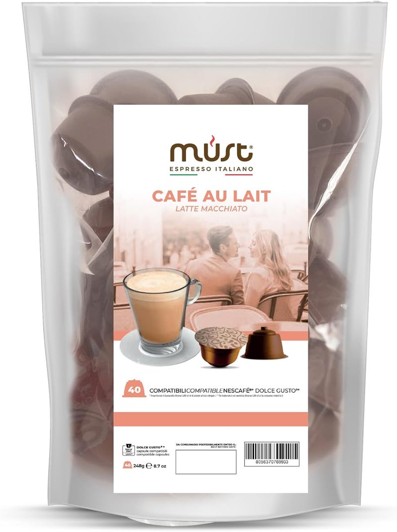 MUST 40 Capsules, Coffee Capsules Self Protected in 100% Recyclable Plastic, CAFE AU LAIT blend Pack of 40 Capsules Compatible with Dolce Gusto Machine, Made in Italy