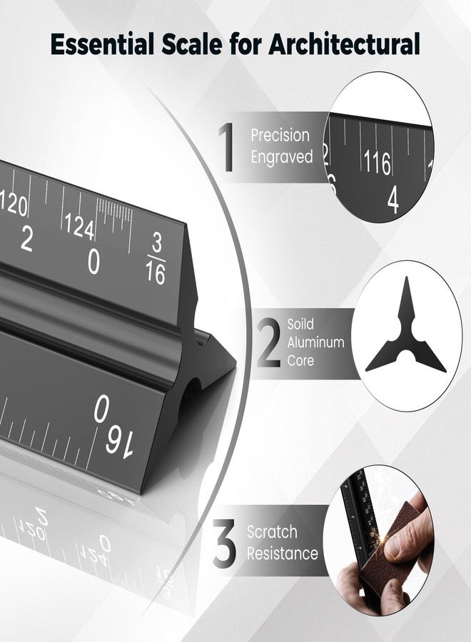 Rena Chris Architectect Scale Ruler 12 Inch Aluminum Metal Ruler, Triangular Scale Ruler for Drawing Blueprints, Drafting Tools for Architects, Students, Draftsman, Artists and Engineers - Image 2