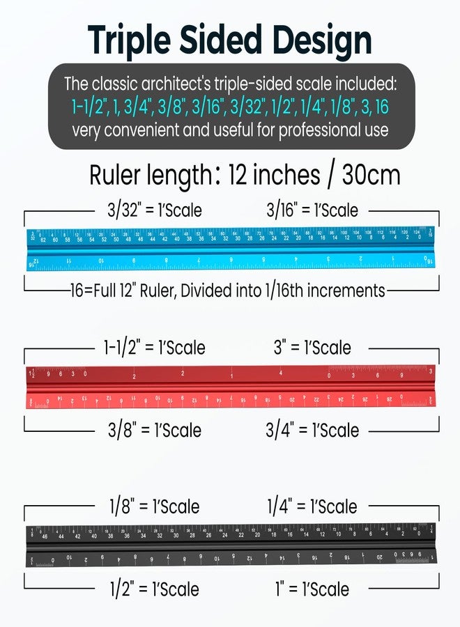 Rena Chris Architectect Scale Ruler 12 Inch Aluminum Metal Ruler, Triangular Scale Ruler for Drawing Blueprints, Drafting Tools for Architects, Students, Draftsman, Artists and Engineers - Image 3