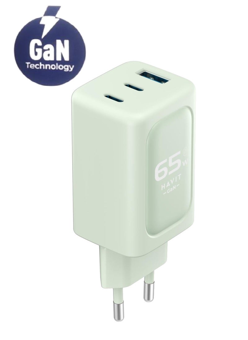 havit wall charger 65 W Fast Charging with GAN technelogy 3 ports Safe for Your Phone model UC260 - green  - Image 1