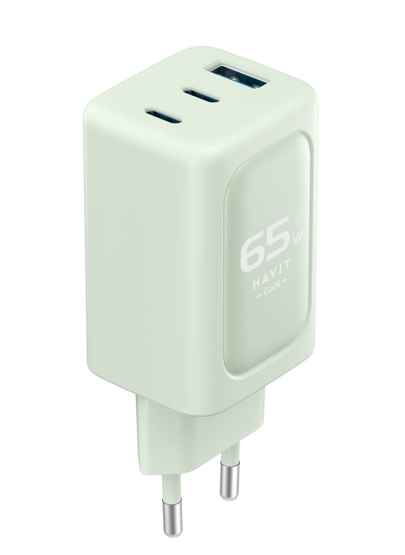 havit wall charger 65 W Fast Charging with GAN technelogy 3 ports Safe for Your Phone model UC260 - green  - Image 2