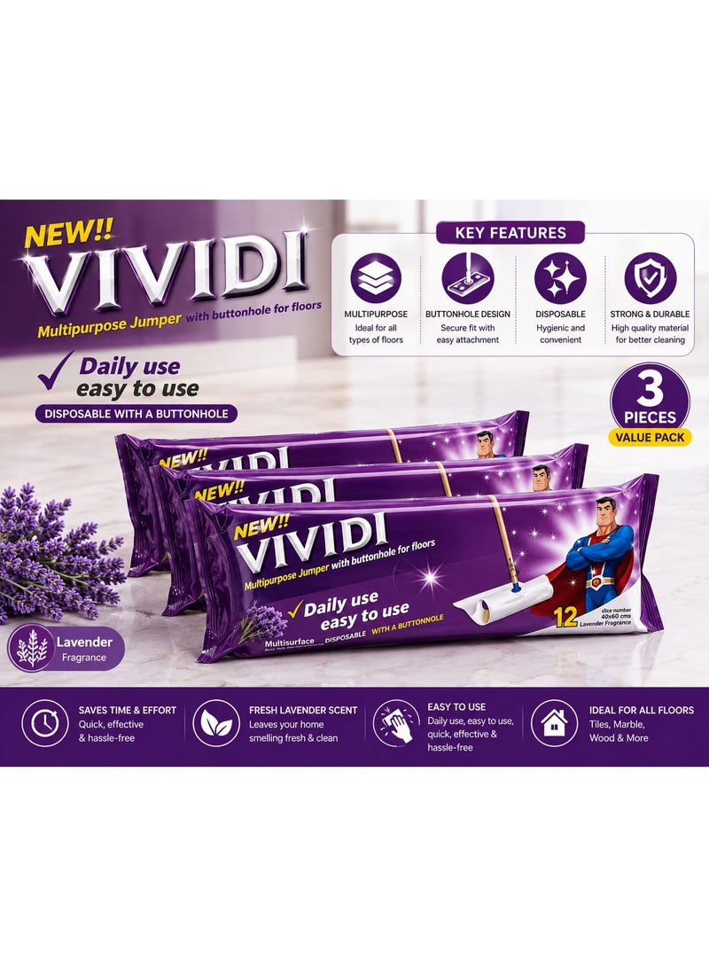 أوراق غيار ممسحة VIVIDI متعددة الاستخدامات وتُستعمل لمرة واحدة – برائحة اللافندر، مناديل تنظيف الأرضيات | عبوة اقتصادية (3 عبوات، تحتوي كل منها على 12 ورقة) - Image 1