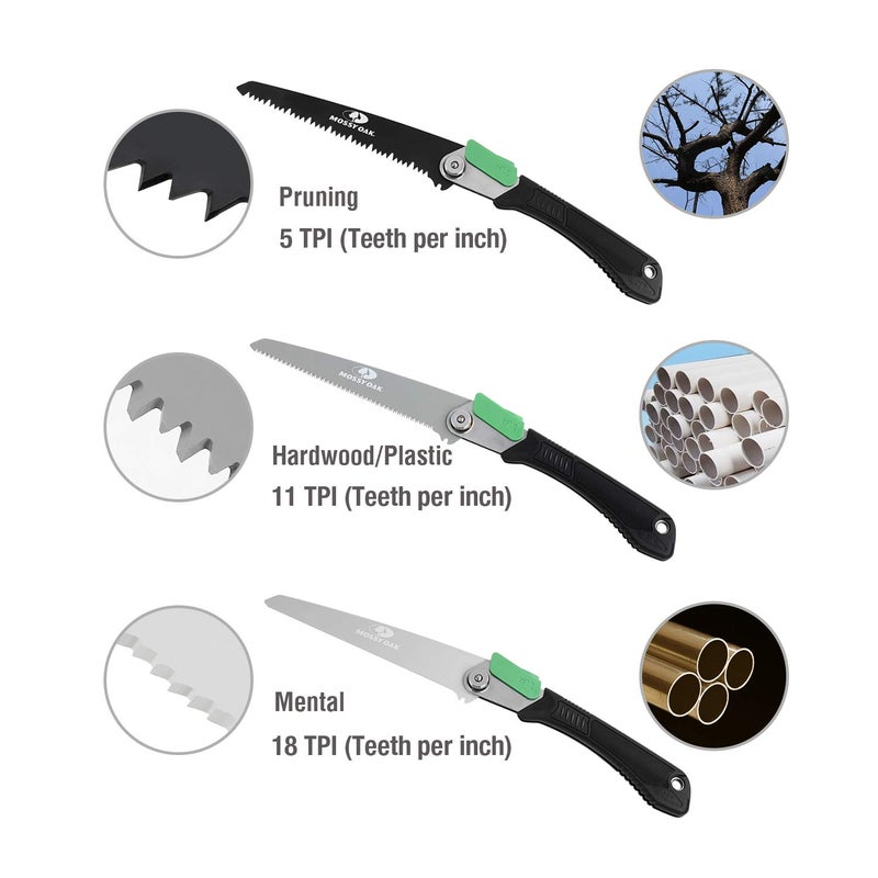 MOSSY OAK 3 in 1 Folding Saw, Pruning Hand Saw with Wood, Metal and PVC Blade, Camping Saw for Backpacking, Hunting and Bushcraft, Pouch Included - Image 4